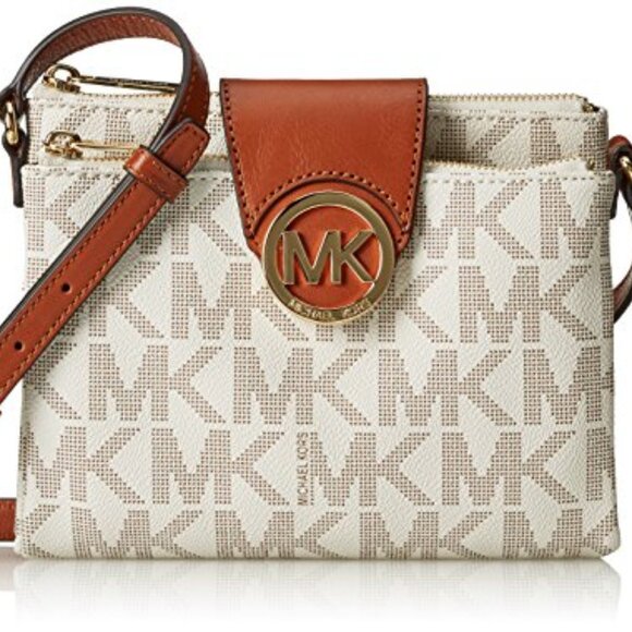 Michael Kors vanilla/brown leather Signature Fulton Monogram crossbody bag - Picture 1 of 10